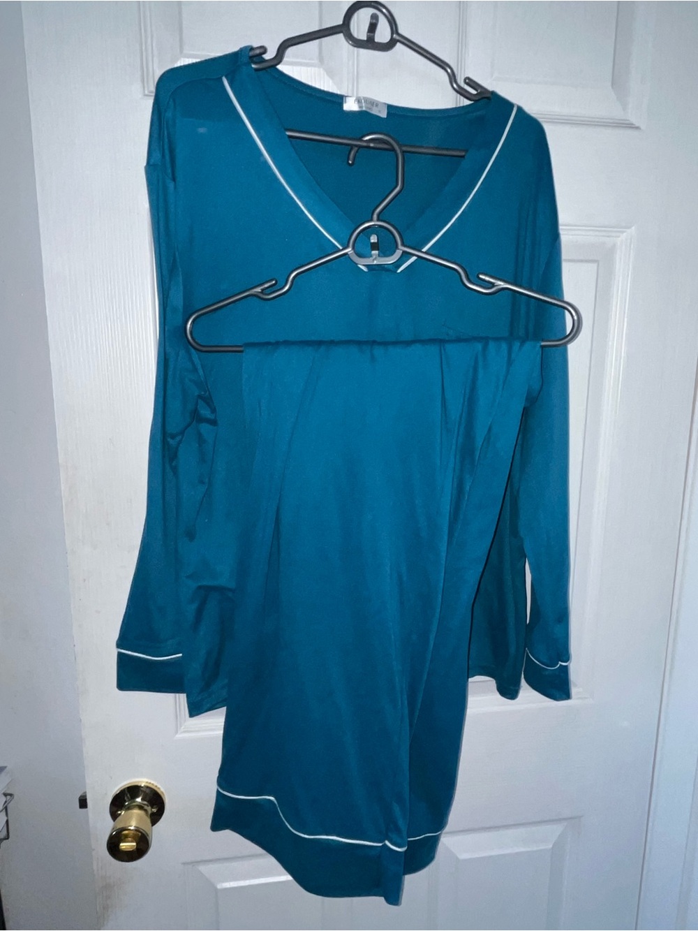 Women's Teal V-Neck Long Sleeve Dress with Contrast Trim